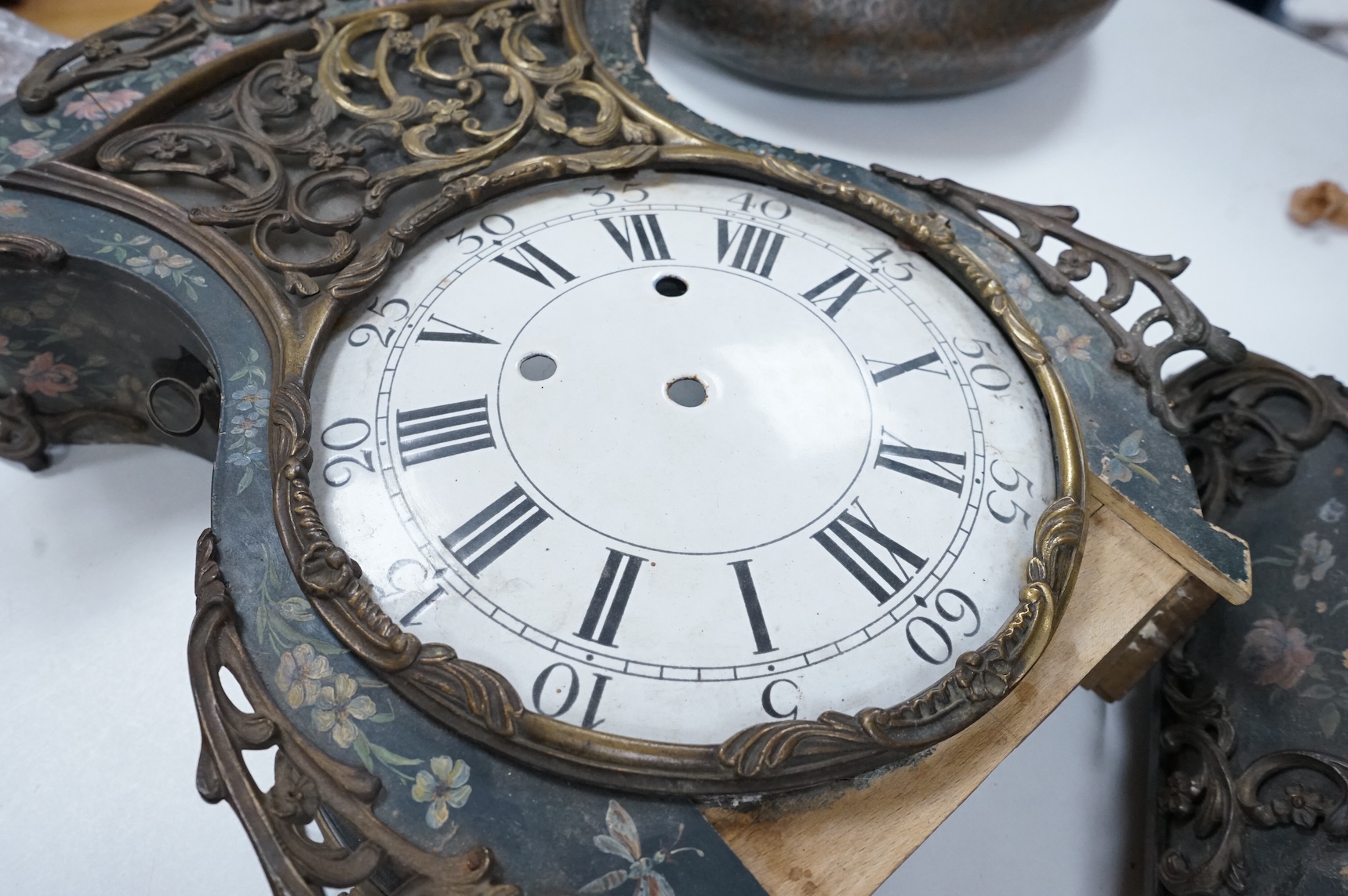 A Louis XV style gilt metal mounted Vernis Martin bracket clock case and bracket, lacking movement, 77cm high